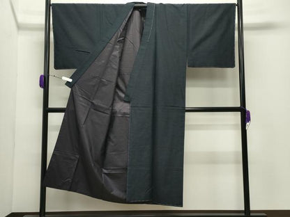 平和屋着物●男性　紬　アンサンブル　色無地　漆黒色　正絹　逸品　未使用　CABD9246gh