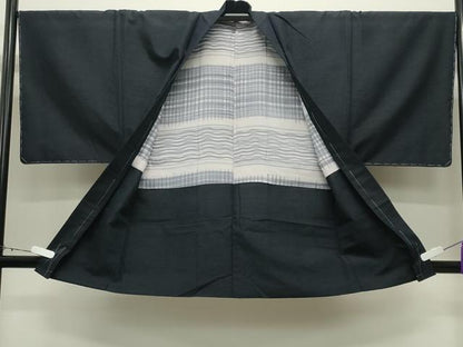 平和屋着物●男性　紬　アンサンブル　色無地　漆黒色　正絹　逸品　未使用　CABD9246gh