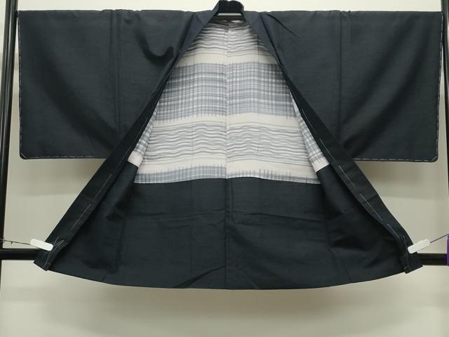 平和屋着物●男性　紬　アンサンブル　色無地　漆黒色　正絹　逸品　未使用　CABD9246gh
