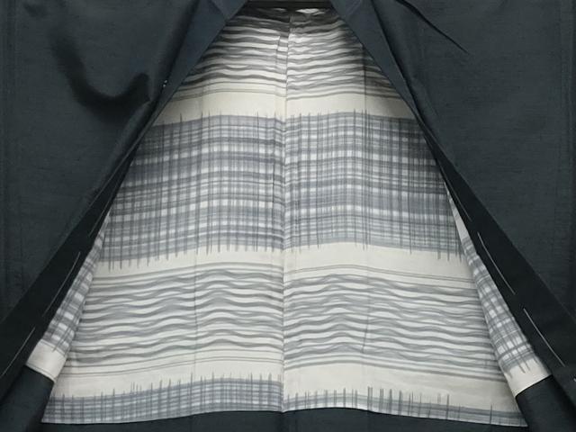 平和屋着物○男性 紬 アンサンブル 色無地 漆黒色 正絹 逸品 未使用