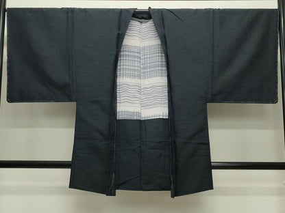 平和屋着物●男性　紬　アンサンブル　色無地　漆黒色　正絹　逸品　未使用　CABD9246gh