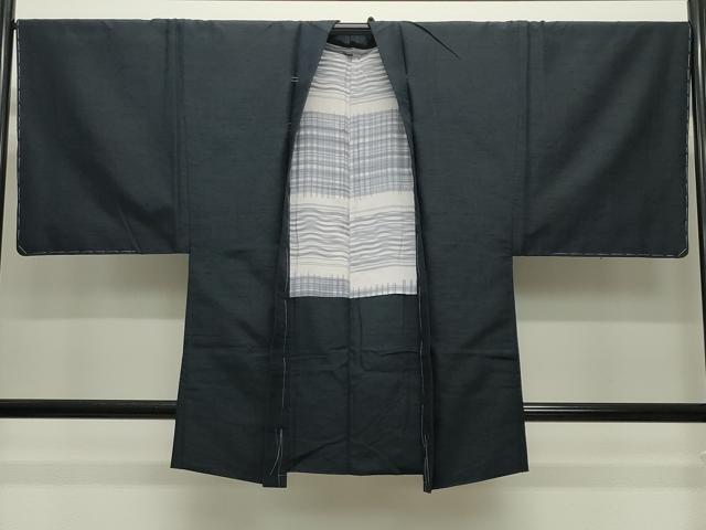 平和屋着物●男性　紬　アンサンブル　色無地　漆黒色　正絹　逸品　未使用　CABD9246gh