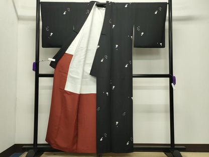 平和屋着物●上質な小紋　兎　月　黒地　正絹　逸品　CABD9248gh