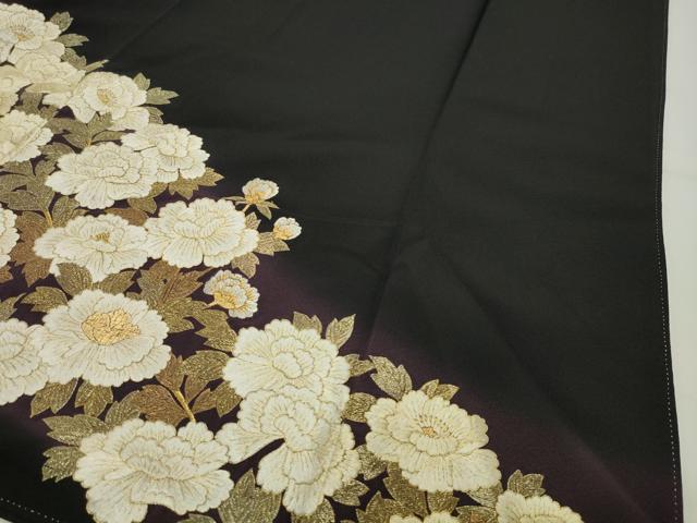 平和屋着物●豪華黒留袖　総刺繍　駒刺繍　牡丹花文　暈し染め　金銀糸　ますいわ屋扱い　正絹　逸品　CABD9255gh 平和屋着物○豪華黒留袖 総刺繍 駒刺繍 牡丹花文 暈し