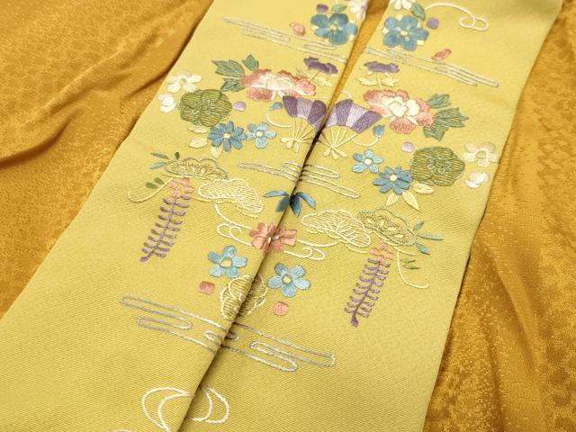 平和屋着物●中国三大刺繍　蘇州刺繍　長襦袢　無双仕立て　縞地紋　櫨染色　半衿刺繍　正絹　逸品　CABD9257gh