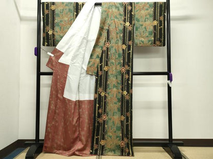 平和屋着物●小紋　舞桜笹文　黒地　金彩　洗える着物　CABD9261gh