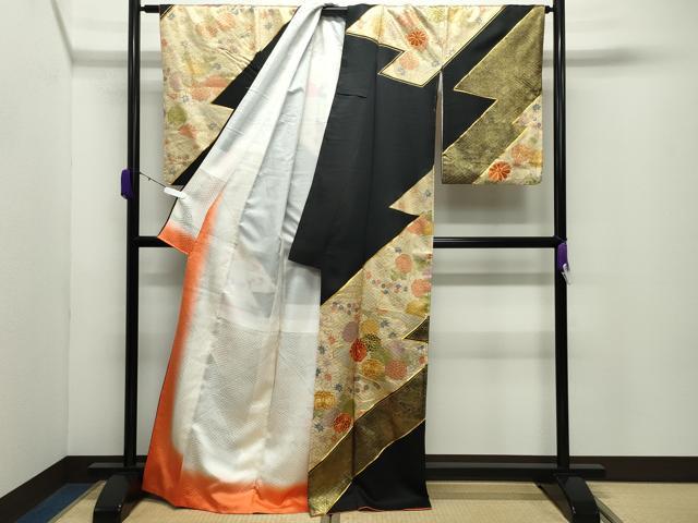 平和屋着物●訪問着　駒刺繍　流水菊花文　黒地　金彩　正絹　逸品　CABD9265gh 平和屋着物○訪問着 駒刺繍 流水菊花文 黒地 金彩 正絹 逸品 CABD9265gh