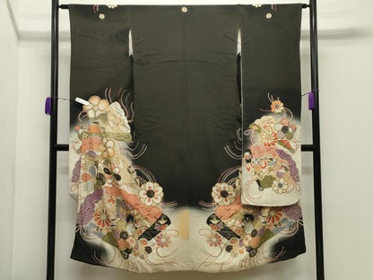 平和屋本店●アンティーク　大正ロマン　振袖　駒刺繍　檜扇御所車花文　暈し染め　黒地　金彩　正絹　逸品　CABD9291gh