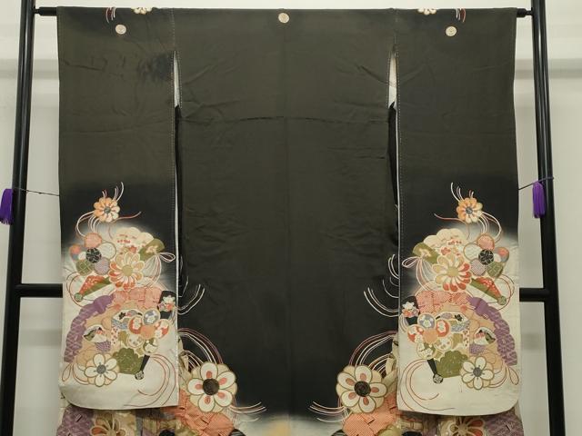 平和屋本店●アンティーク　大正ロマン　振袖　駒刺繍　檜扇御所車花文　暈し染め　黒地　金彩　正絹　逸品　CABD9291gh