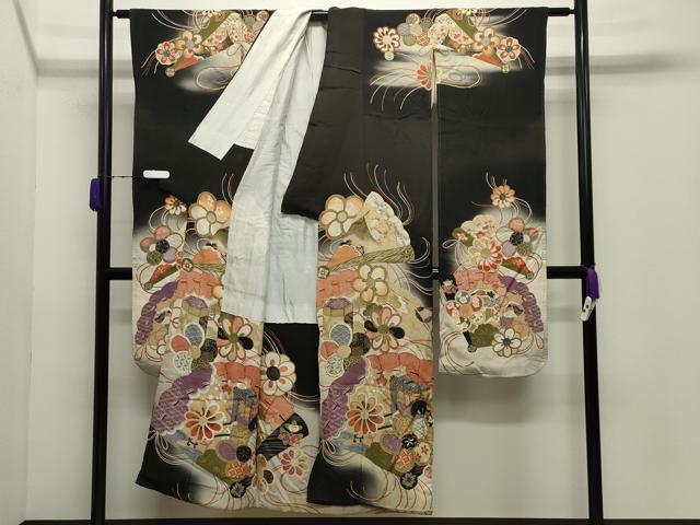 平和屋本店●アンティーク　大正ロマン　振袖　駒刺繍　檜扇御所車花文　暈し染め　黒地　金彩　正絹　逸品　CABD9291gh