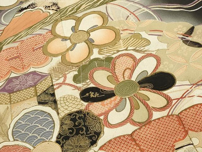 平和屋本店●アンティーク　大正ロマン　振袖　駒刺繍　檜扇御所車花文　暈し染め　黒地　金彩　正絹　逸品　CABD9291gh