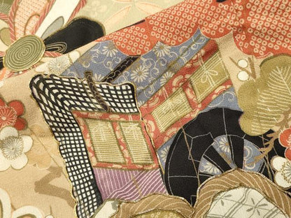 平和屋本店●アンティーク　大正ロマン　振袖　駒刺繍　檜扇御所車花文　暈し染め　黒地　金彩　正絹　逸品　CABD9291gh