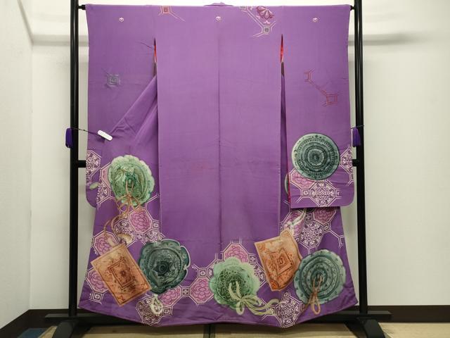 平和屋本店●アンティーク　大正ロマン　振袖　刺繍　鏡裏鳳凰花文　正絹　逸品　CABD9292gh