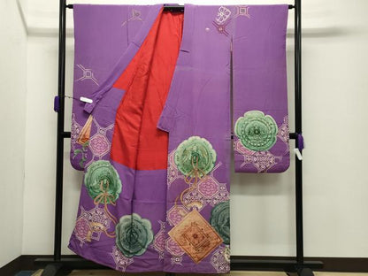 平和屋本店●アンティーク　大正ロマン　振袖　刺繍　鏡裏鳳凰花文　正絹　逸品　CABD9292gh