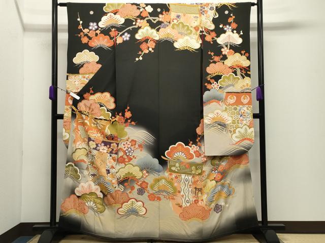 平和屋本店●アンティーク　大正ロマン　振袖　駒刺繍　几帳鳳凰松竹梅文　暈し染め　金彩　正絹　逸品　CABD9293gh