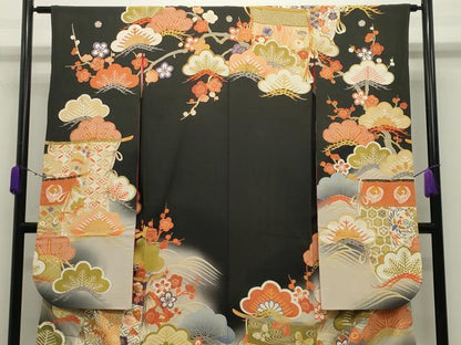 平和屋本店●アンティーク　大正ロマン　振袖　駒刺繍　几帳鳳凰松竹梅文　暈し染め　金彩　正絹　逸品　CABD9293gh