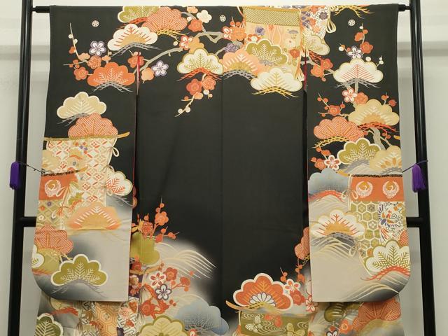 平和屋本店●アンティーク　大正ロマン　振袖　駒刺繍　几帳鳳凰松竹梅文　暈し染め　金彩　正絹　逸品　CABD9293gh