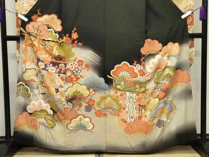 平和屋本店●アンティーク　大正ロマン　振袖　駒刺繍　几帳鳳凰松竹梅文　暈し染め　金彩　正絹　逸品　CABD9293gh