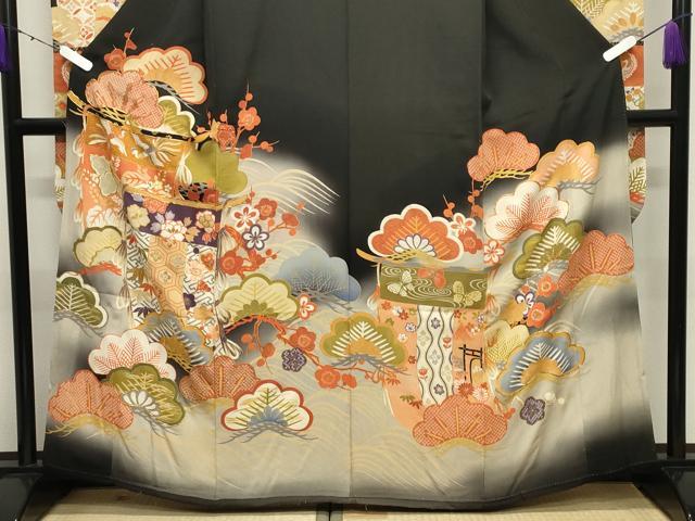 平和屋本店●アンティーク　大正ロマン　振袖　駒刺繍　几帳鳳凰松竹梅文　暈し染め　金彩　正絹　逸品　CABD9293gh