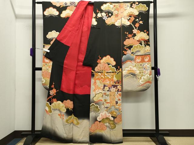 平和屋本店●アンティーク　大正ロマン　振袖　駒刺繍　几帳鳳凰松竹梅文　暈し染め　金彩　正絹　逸品　CABD9293gh