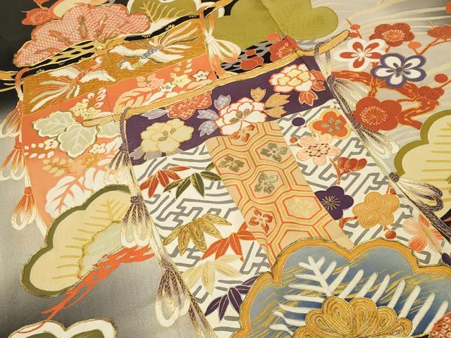 平和屋本店●アンティーク　大正ロマン　振袖　駒刺繍　几帳鳳凰松竹梅文　暈し染め　金彩　正絹　逸品　CABD9293gh