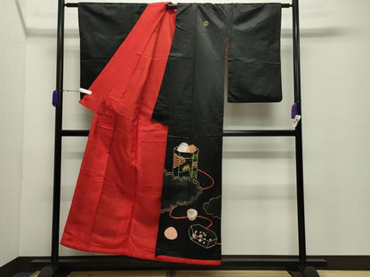 平和屋本店●アンティーク　大正ロマン　黒留袖　駒刺繍　雲取り貝桶松竹梅文　正絹　逸品　CABD9294gh
