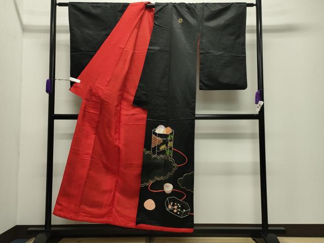 平和屋本店●アンティーク　大正ロマン　黒留袖　駒刺繍　雲取り貝桶松竹梅文　正絹　逸品　CABD9294gh