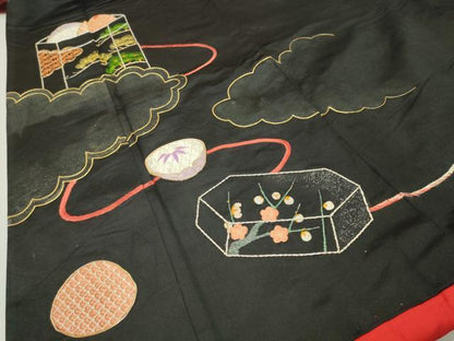 平和屋本店●アンティーク　大正ロマン　黒留袖　駒刺繍　雲取り貝桶松竹梅文　正絹　逸品　CABD9294gh