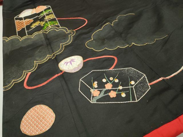 平和屋本店●アンティーク　大正ロマン　黒留袖　駒刺繍　雲取り貝桶松竹梅文　正絹　逸品　CABD9294gh