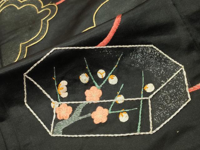 平和屋本店●アンティーク　大正ロマン　黒留袖　駒刺繍　雲取り貝桶松竹梅文　正絹　逸品　CABD9294gh