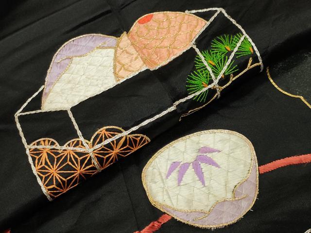 平和屋本店●アンティーク　大正ロマン　黒留袖　駒刺繍　雲取り貝桶松竹梅文　正絹　逸品　CABD9294gh