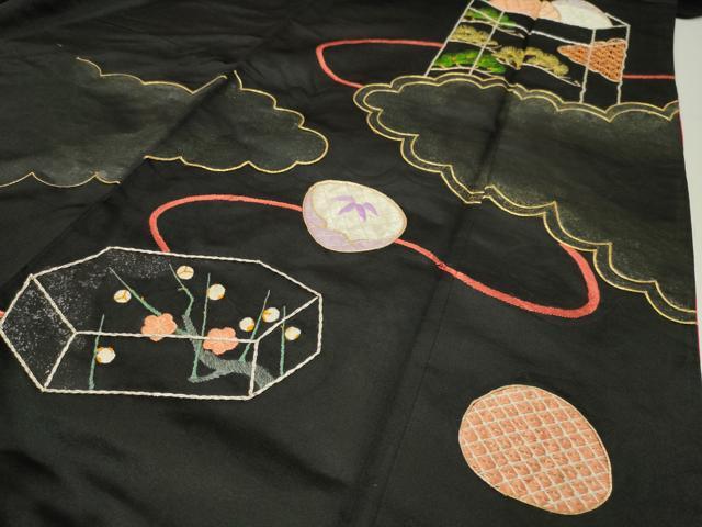 平和屋本店●アンティーク　大正ロマン　黒留袖　駒刺繍　雲取り貝桶松竹梅文　正絹　逸品　CABD9294gh