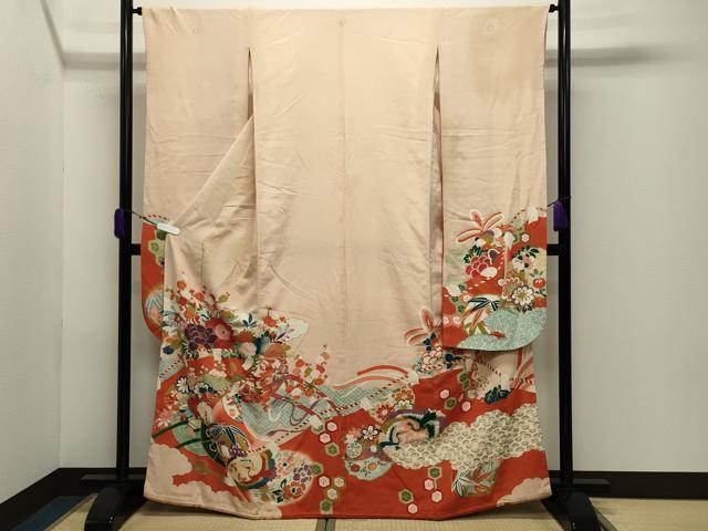 平和屋本店●アンティーク　大正ロマン　振袖　花車飛鶴文　暈し染め　金彩　正絹　逸品　CABD9295gh