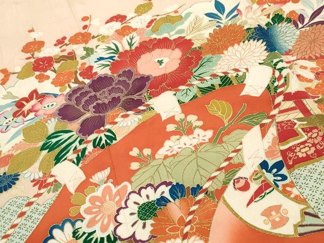 平和屋本店●アンティーク　大正ロマン　振袖　花車飛鶴文　暈し染め　金彩　正絹　逸品　CABD9295gh