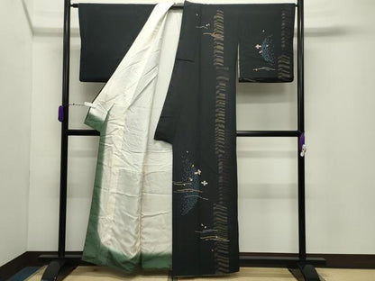 平和屋着物●訪問着　作家物　舞桜文　黒地　金彩　正絹　逸品　CABD9300gh