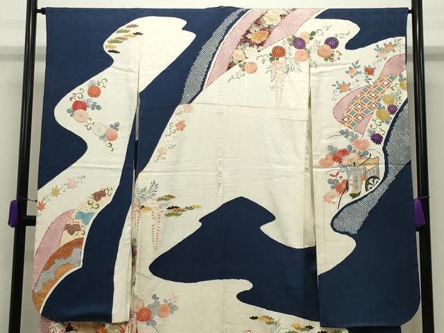 平和屋着物●創業460年・千總　振袖　駒刺繍　絞り　御所車花文　金彩　三越扱い　正絹　逸品　CABD9303gh