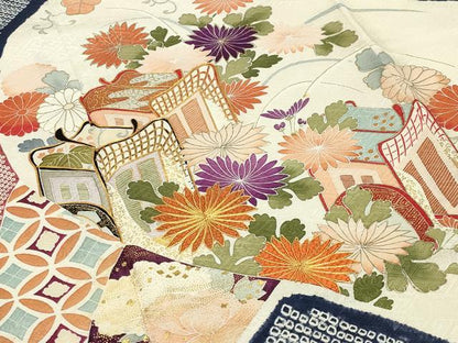 平和屋着物●創業460年・千總　振袖　駒刺繍　絞り　御所車花文　金彩　三越扱い　正絹　逸品　CABD9303gh