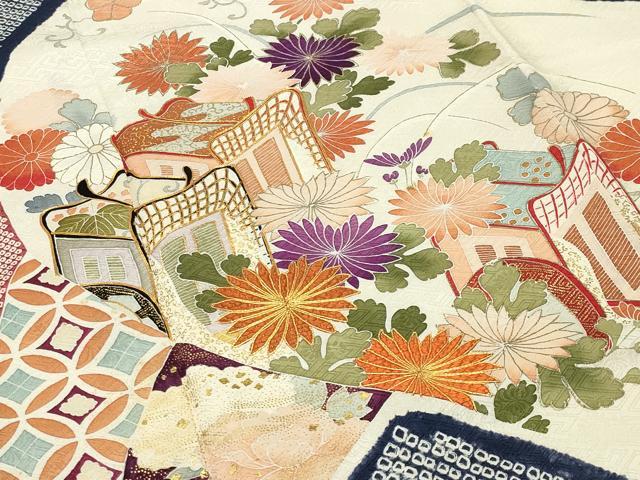 平和屋着物●創業460年・千總　振袖　駒刺繍　絞り　御所車花文　金彩　三越扱い　正絹　逸品　CABD9303gh
