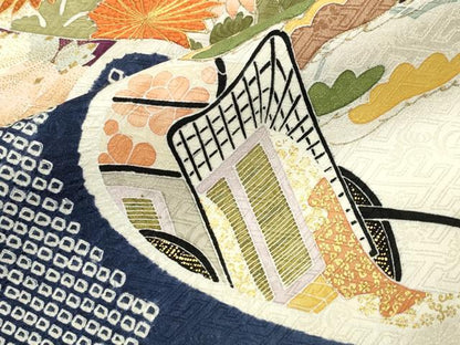 平和屋着物●創業460年・千總　振袖　駒刺繍　絞り　御所車花文　金彩　三越扱い　正絹　逸品　CABD9303gh