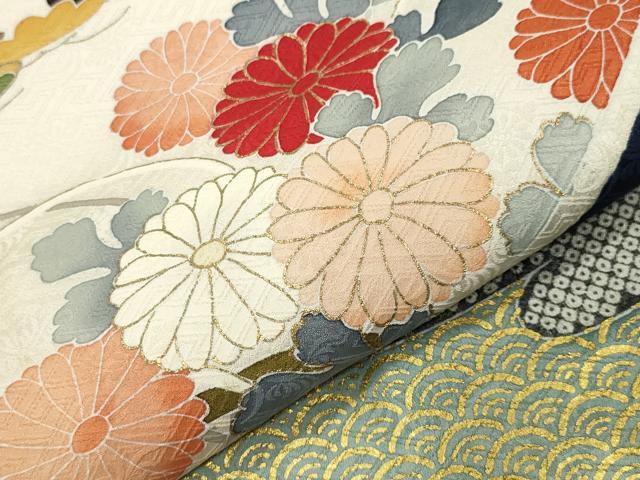 平和屋着物●創業460年・千總　振袖　駒刺繍　絞り　御所車花文　金彩　三越扱い　正絹　逸品　CABD9303gh