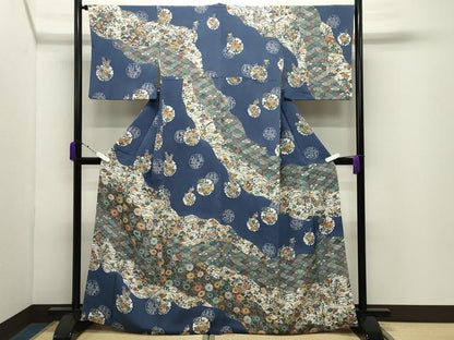 平和屋着物●江戸紅型　五味桂子　訪問着　雪輪花唐草文　鬼しぼ縮緬　正絹　逸品　CABD9305gh