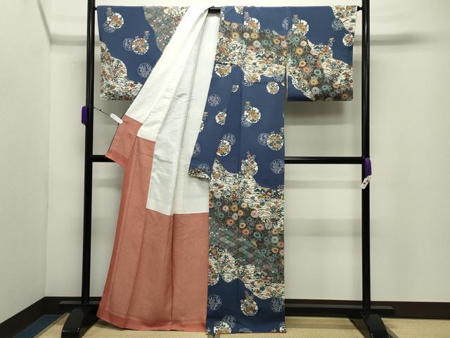 平和屋着物●江戸紅型　五味桂子　訪問着　雪輪花唐草文　鬼しぼ縮緬　正絹　逸品　CABD9305gh