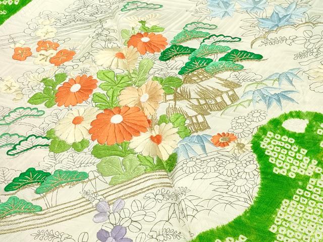 平和屋着物●豪華振袖　絞り　刺繍　風景松竹梅花文　金彩　高島屋扱い　正絹　逸品　CABD9318gh
