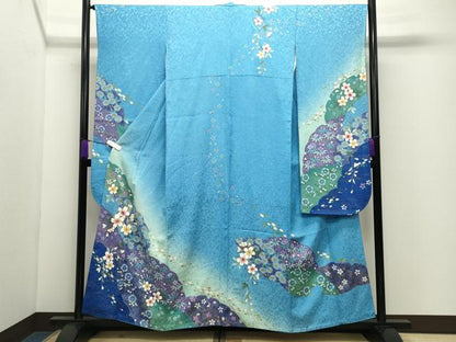 平和屋着物●豪華振袖　駒刺繍　雪輪舞桜文　暈し染め　金彩　金通し地　京都きもの友禅扱い　正絹　逸品　CABD9321gh
