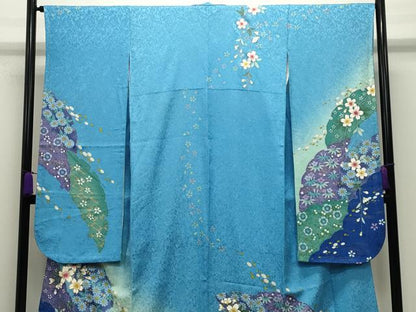 平和屋着物●豪華振袖　駒刺繍　雪輪舞桜文　暈し染め　金彩　金通し地　京都きもの友禅扱い　正絹　逸品　CABD9321gh