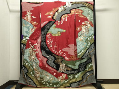 平和屋着物●豪華振袖　絞り　御所車花文　金銀彩　正絹　逸品　CABD9322gh