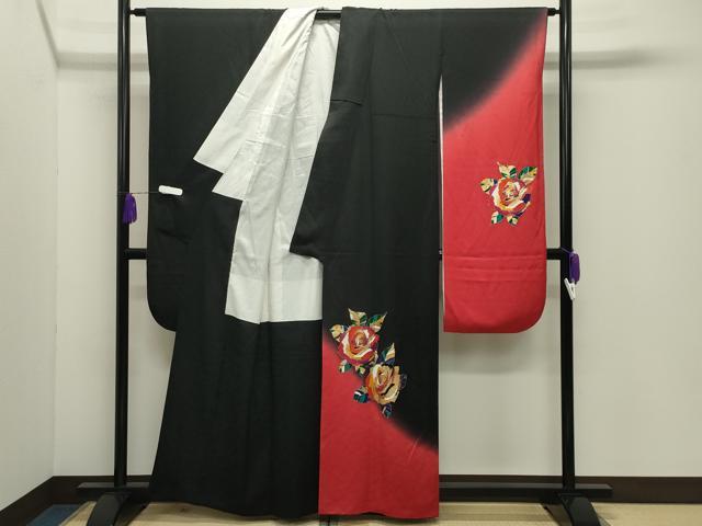 平和屋着物●染色作家　草野一騎　振袖　薔薇　暈し染め　黒地　金彩　正絹　逸品　CABD9323gh