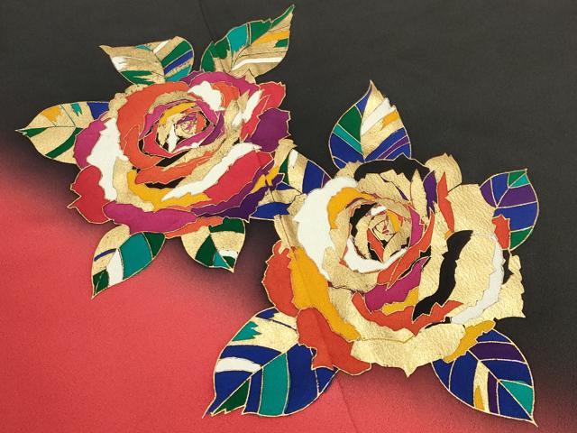 平和屋着物●染色作家　草野一騎　振袖　薔薇　暈し染め　黒地　金彩　正絹　逸品　CABD9323gh
