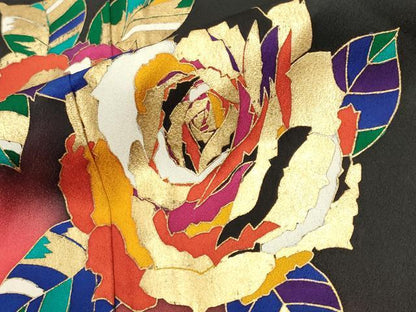 平和屋着物●染色作家　草野一騎　振袖　薔薇　暈し染め　黒地　金彩　正絹　逸品　CABD9323gh