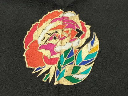 平和屋着物●染色作家　草野一騎　振袖　薔薇　暈し染め　黒地　金彩　正絹　逸品　CABD9323gh
